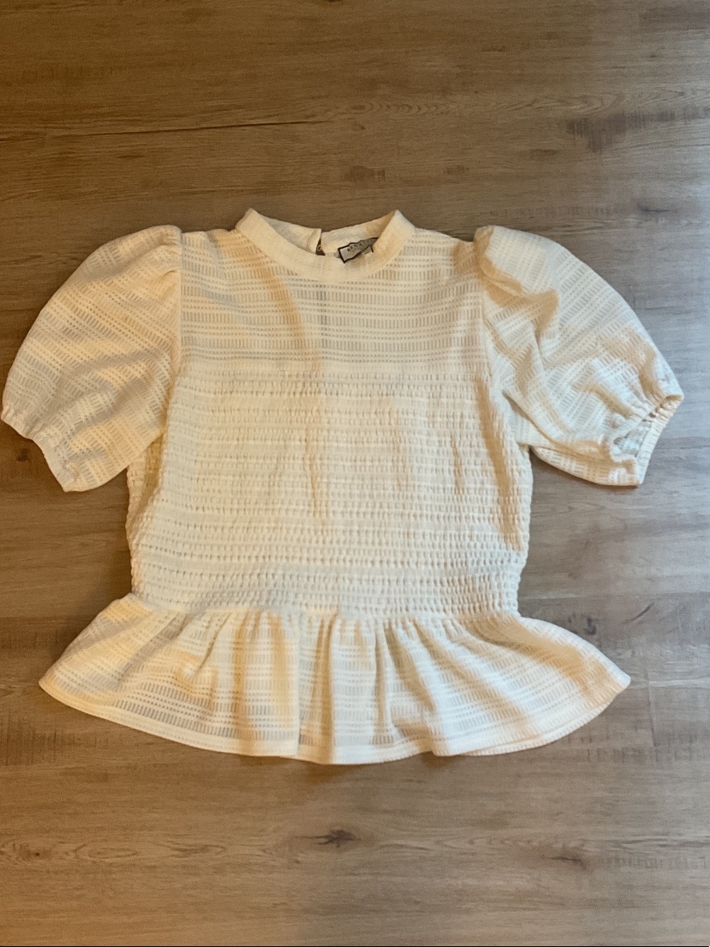 bagatelle Cream Textured Peplum Puff-Sleeve Top